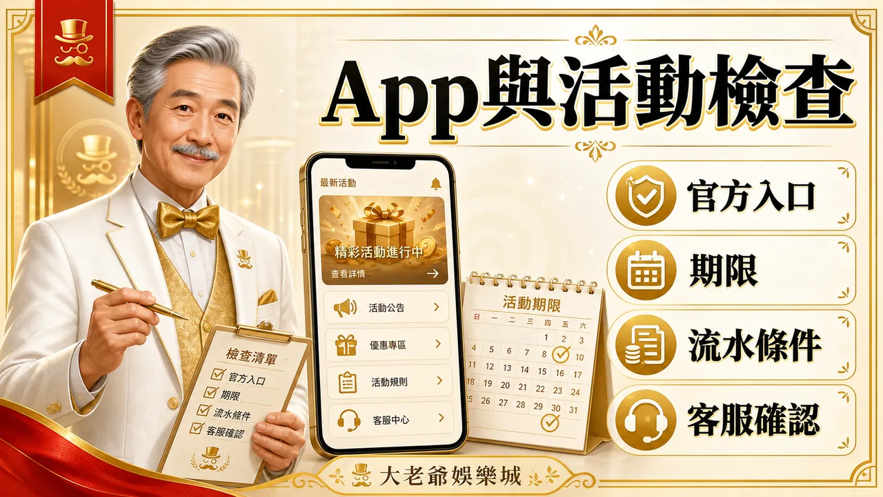 大老爺娛樂城 App 入口與活動檢查圖