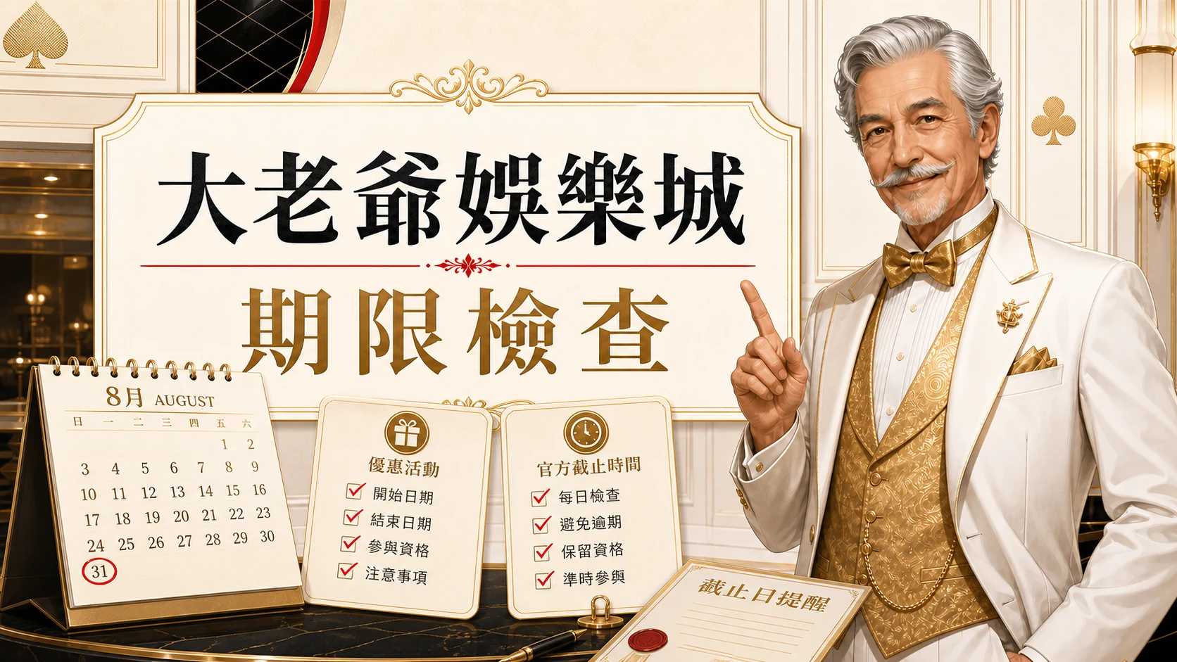 大老爺娛樂城期限檢查圖，使用固定老紳士角色與金白紅配色呈現大老爺娛樂城 8月優惠重點