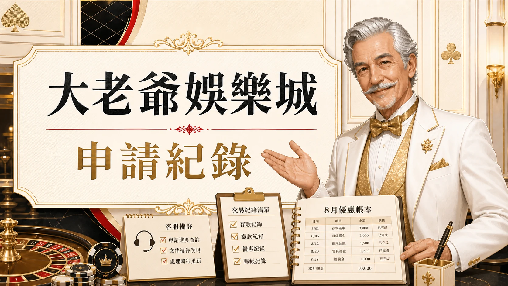 大老爺娛樂城申請紀錄圖，使用固定老紳士角色與金白紅配色呈現大老爺娛樂城 8月優惠重點