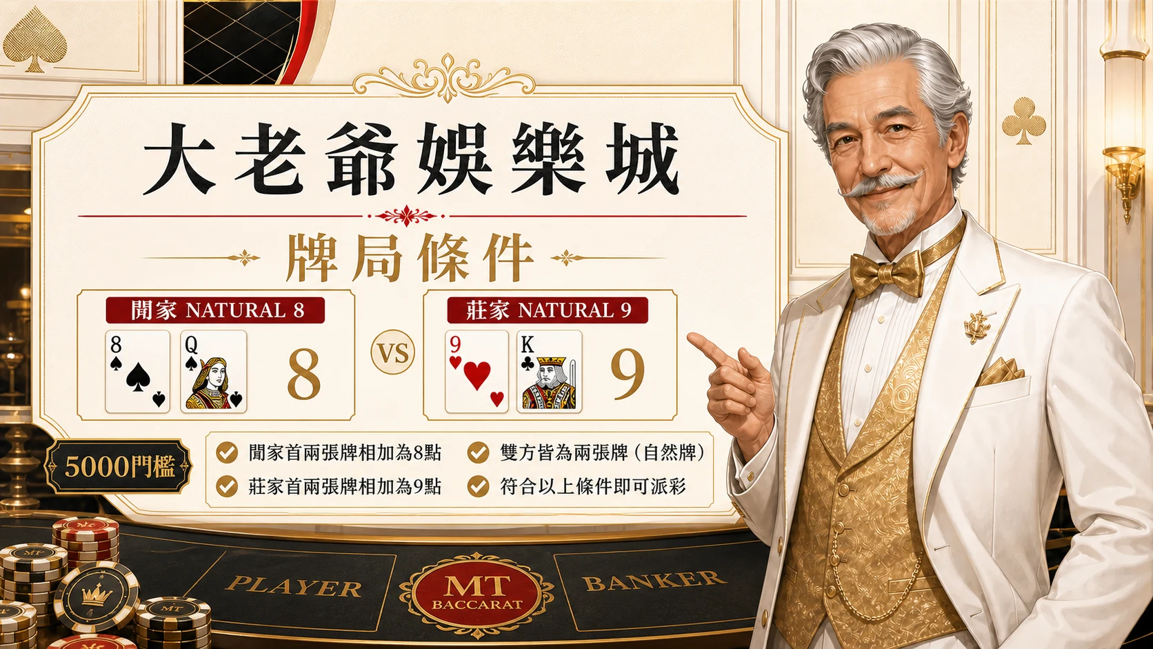 大老爺娛樂城牌局條件圖，使用固定老紳士角色與金白紅配色呈現大老爺娛樂城 MT 百家 8點重點