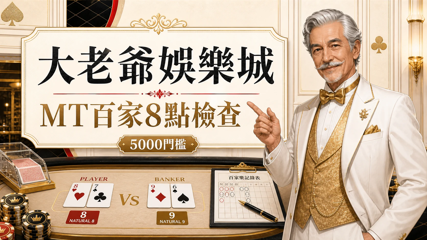 大老爺娛樂城MT百家8點檢查圖，使用固定老紳士角色與金白紅配色呈現大老爺娛樂城 MT 百家 8點重點