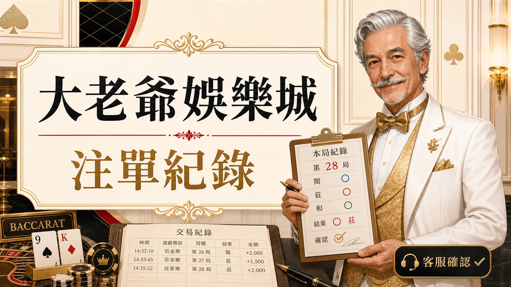 大老爺娛樂城注單紀錄圖，使用固定老紳士角色與金白紅配色呈現大老爺娛樂城 MT 百家 8點重點