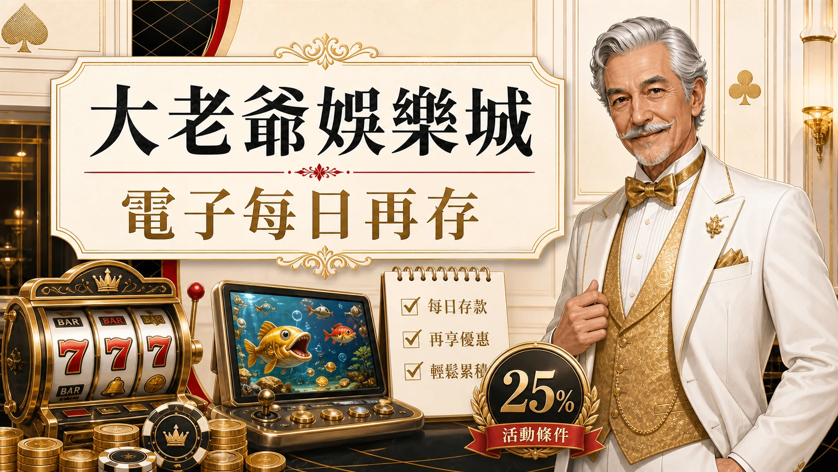 大老爺娛樂城電子每日再存圖，使用固定老紳士角色與金白紅配色呈現大老爺娛樂城 電子每日再存重點