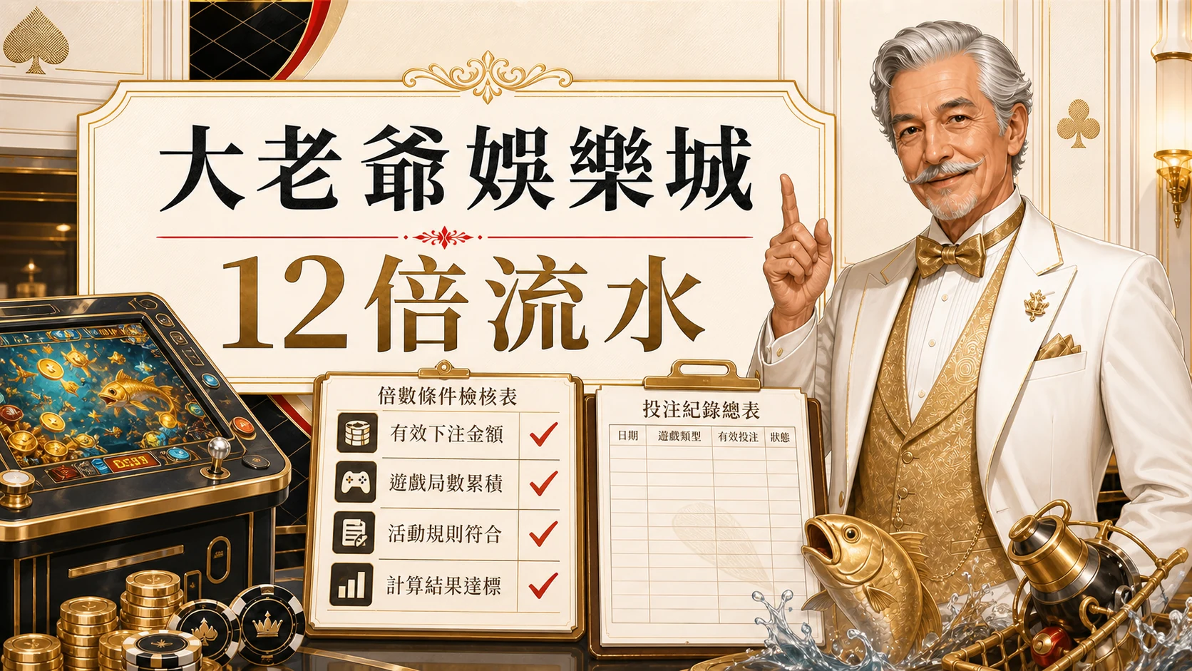 大老爺娛樂城12倍流水圖，使用固定老紳士角色與金白紅配色呈現大老爺娛樂城 電子每日再存重點