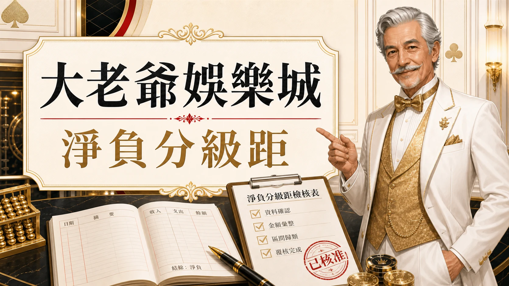 大老爺娛樂城淨負分級距圖，使用固定老紳士角色與金白紅配色呈現大老爺娛樂城 好運金18000重點