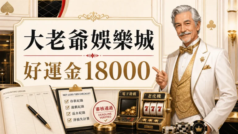 大老爺娛樂城好運金18000圖，使用固定老紳士角色與金白紅配色呈現大老爺娛樂城 好運金18000重點