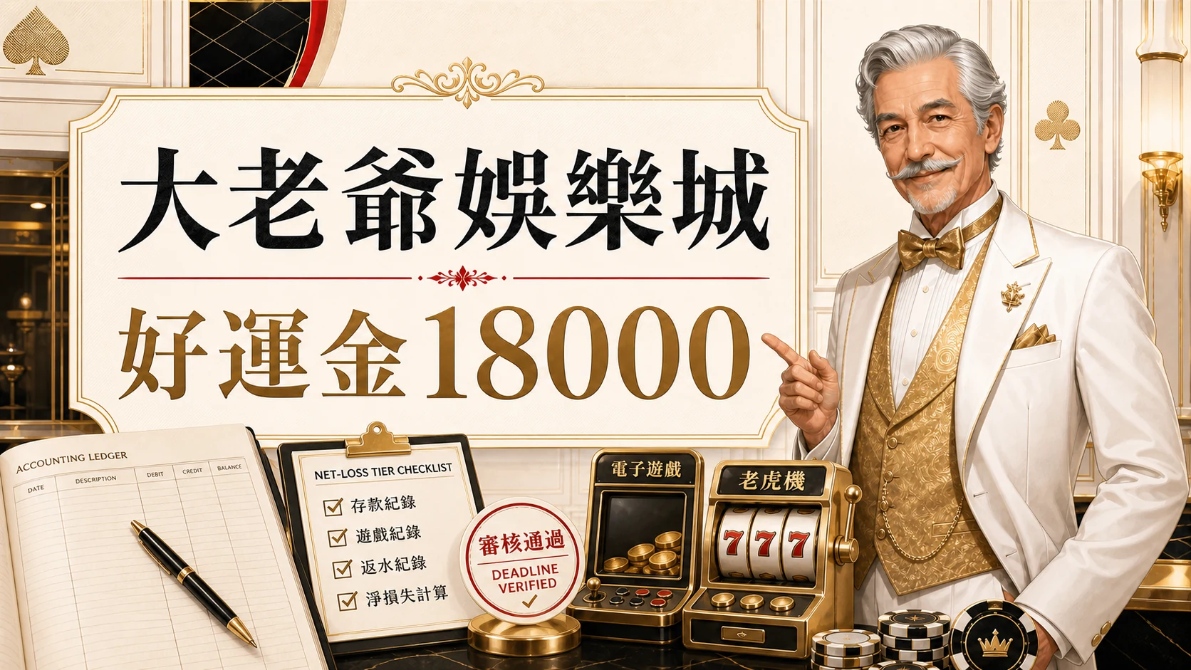 大老爺娛樂城好運金18000圖，使用固定老紳士角色與金白紅配色呈現大老爺娛樂城 好運金18000重點