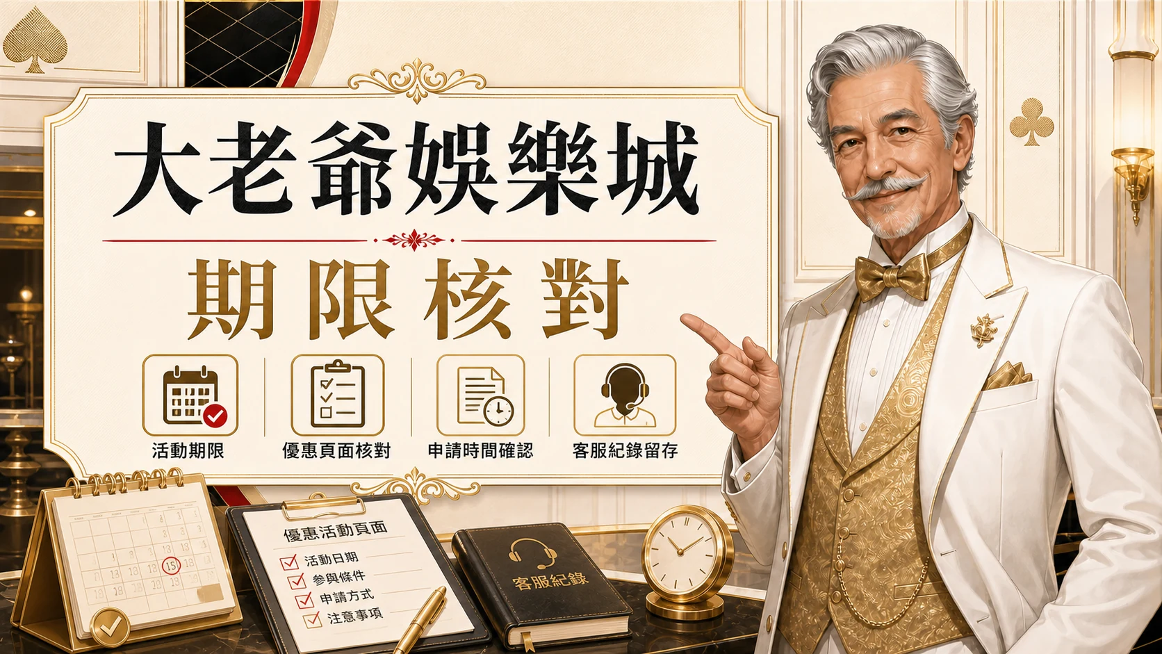 大老爺娛樂城期限核對圖，使用固定老紳士角色與金白紅配色呈現大老爺娛樂城 好運金18000重點