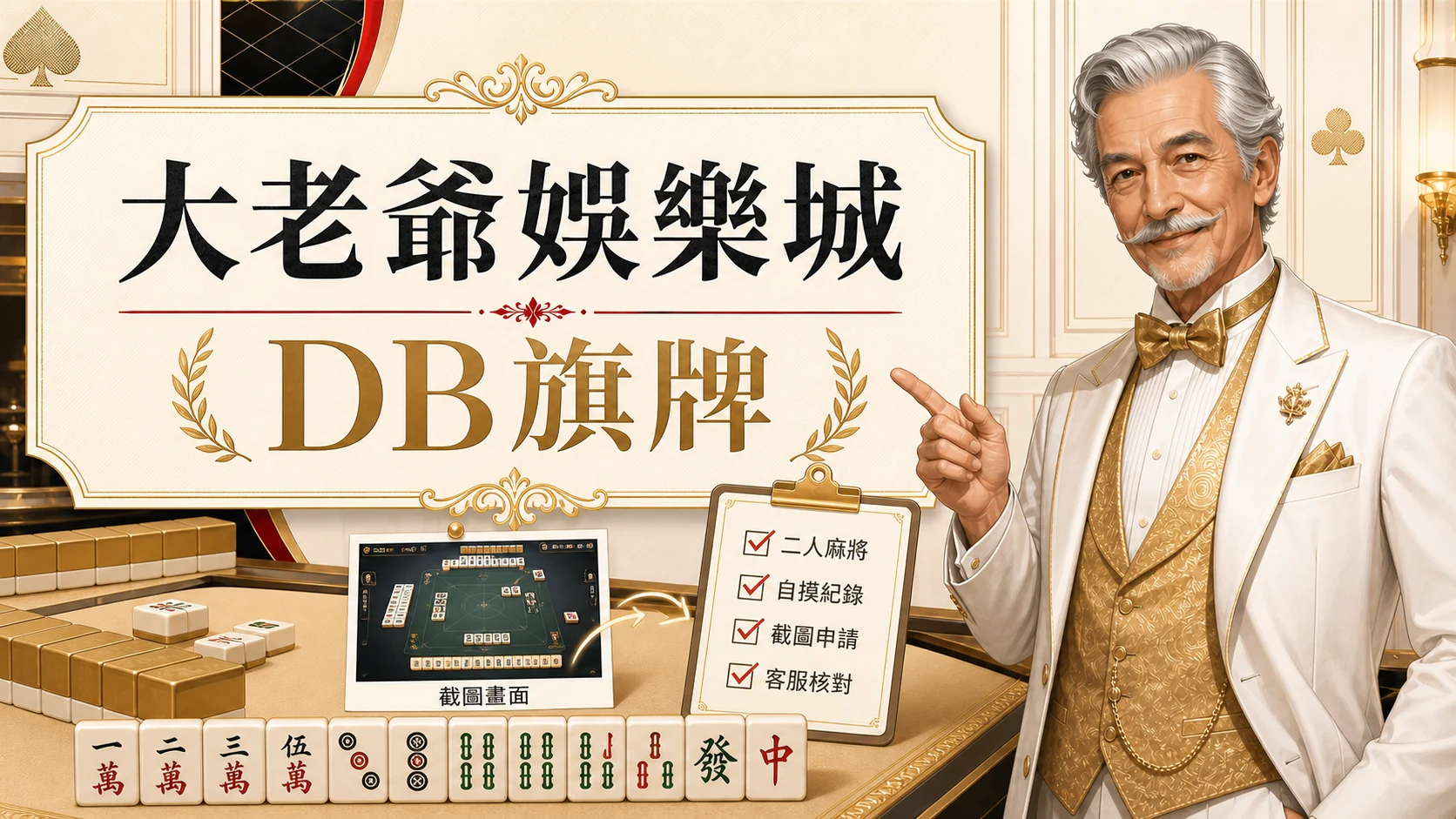 大老爺娛樂城DB旗牌圖，使用固定老紳士角色與金白紅配色呈現大老爺娛樂城 麻將自摸 588重點