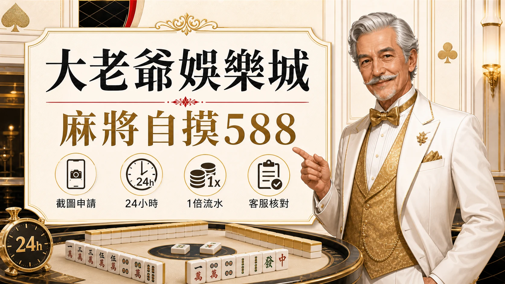大老爺娛樂城麻將自摸588圖，使用固定老紳士角色與金白紅配色呈現大老爺娛樂城 麻將自摸 588重點