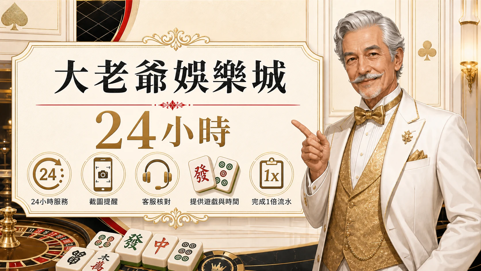 大老爺娛樂城24小時圖，使用固定老紳士角色與金白紅配色呈現大老爺娛樂城 麻將自摸 588重點