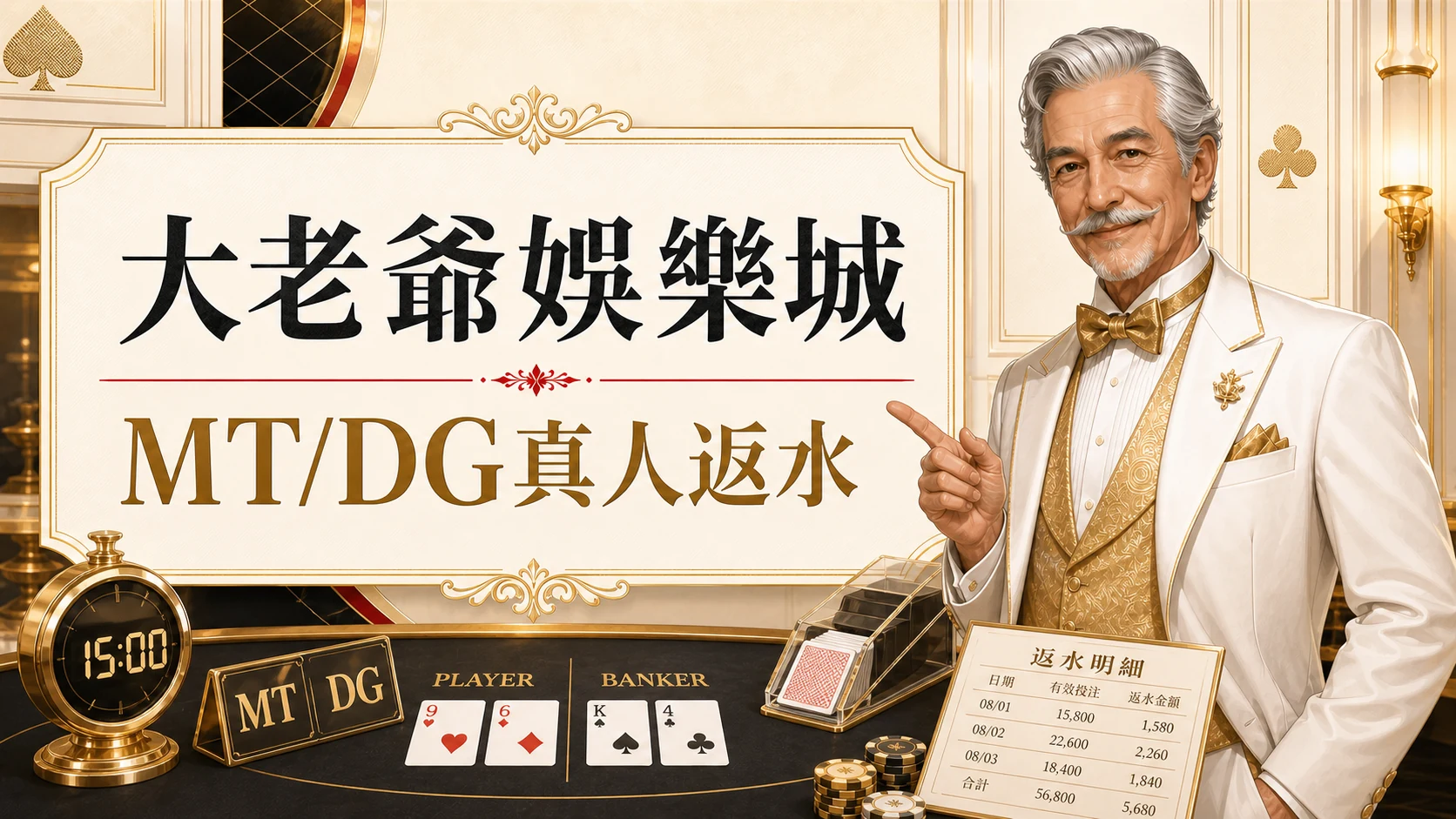 大老爺娛樂城MT/DG真人返水圖,使用固定老紳士角色與金白紅配色呈現大老爺娛樂城 MT DG 真人返水重點