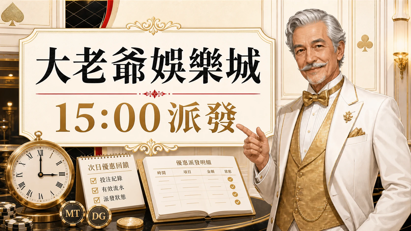 大老爺娛樂城15:00派發圖,使用固定老紳士角色與金白紅配色呈現大老爺娛樂城 MT DG 真人返水重點