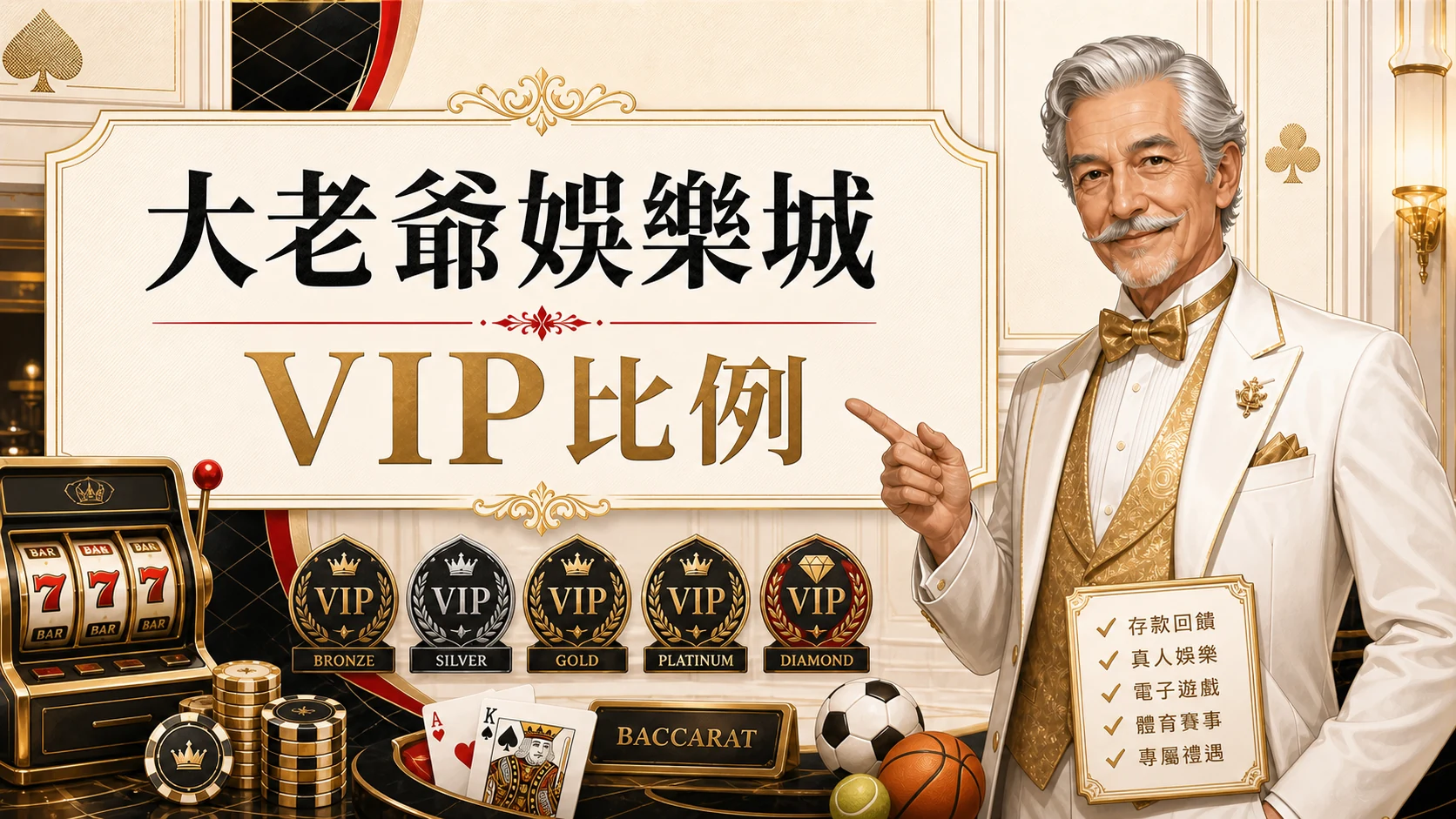大老爺娛樂城VIP比例圖，使用固定老紳士角色與金白紅配色呈現大老爺娛樂城 返水 0.8重點