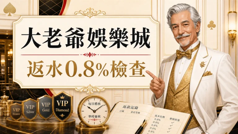 大老爺娛樂城返水0.8%檢查圖,使用固定老紳士角色與金白紅配色呈現大老爺娛樂城 返水 0.8重點