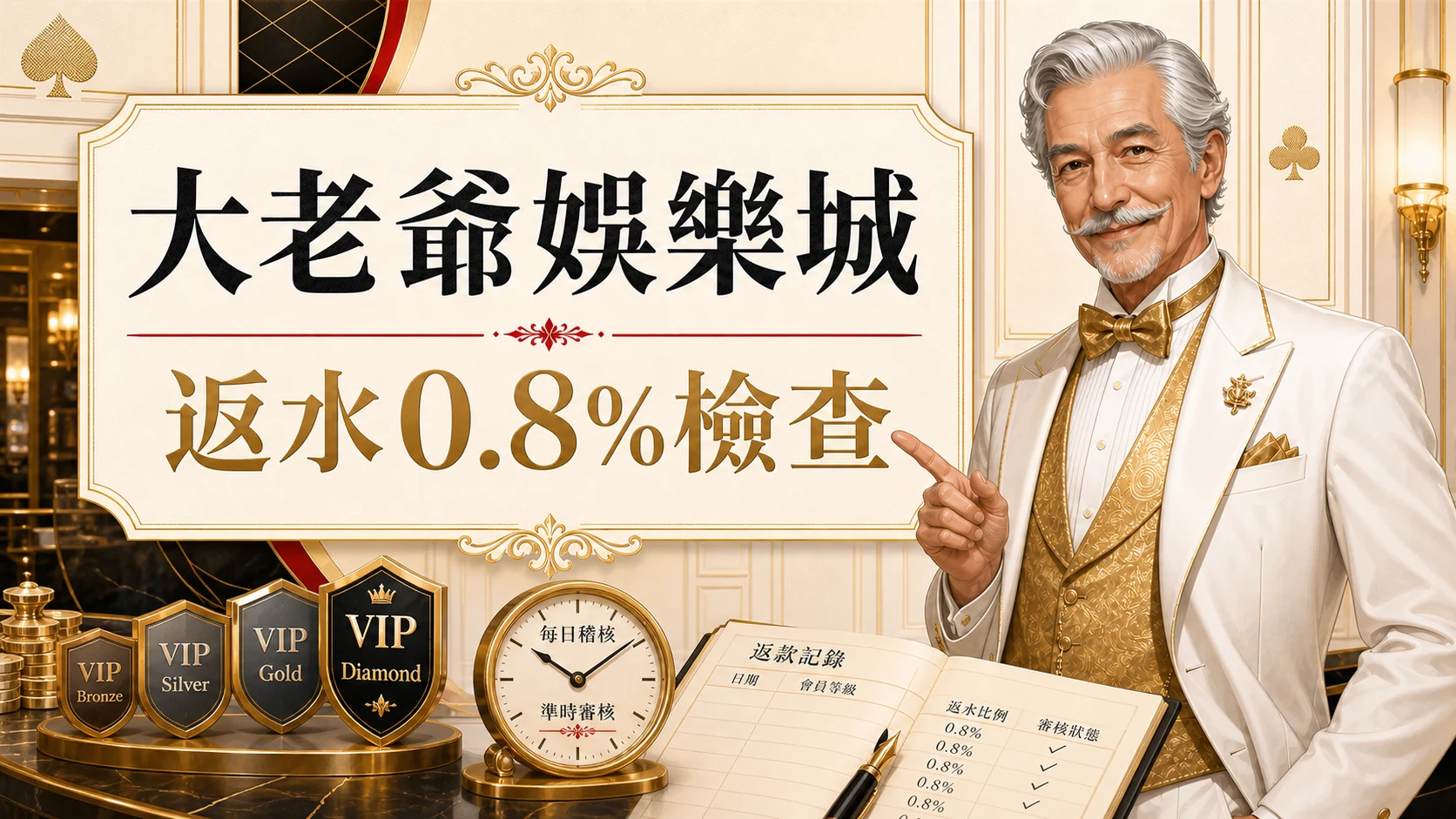 大老爺娛樂城返水0.8%檢查圖，使用固定老紳士角色與金白紅配色呈現大老爺娛樂城 返水 0.8重點