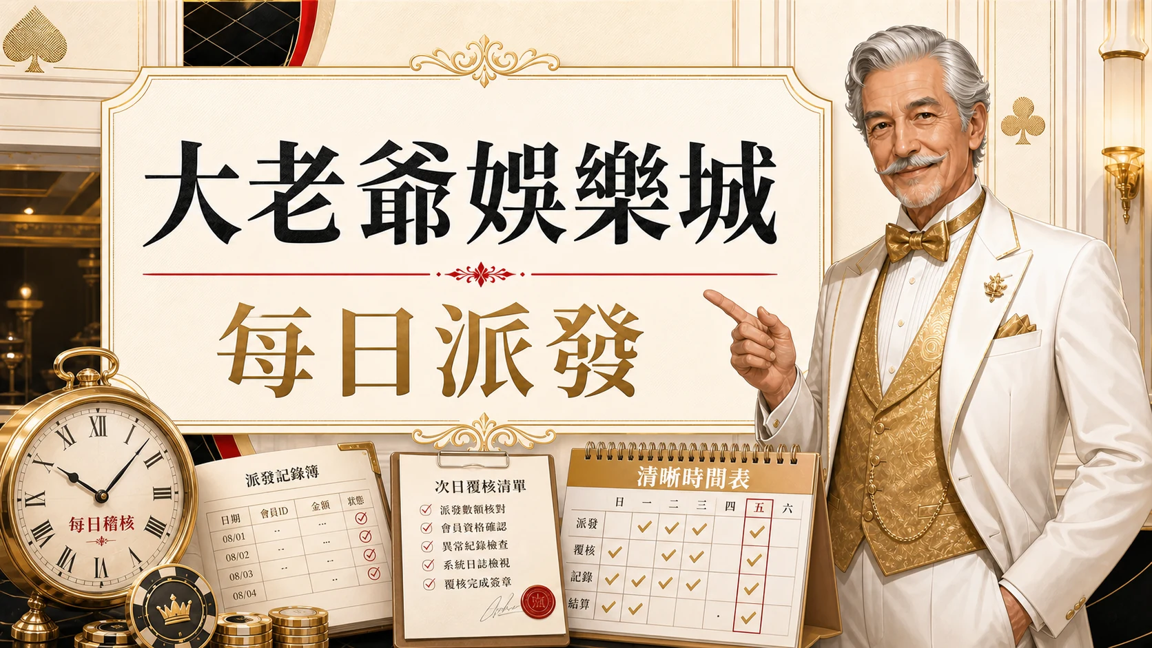 大老爺娛樂城每日派發圖，使用固定老紳士角色與金白紅配色呈現大老爺娛樂城 返水 0.8重點
