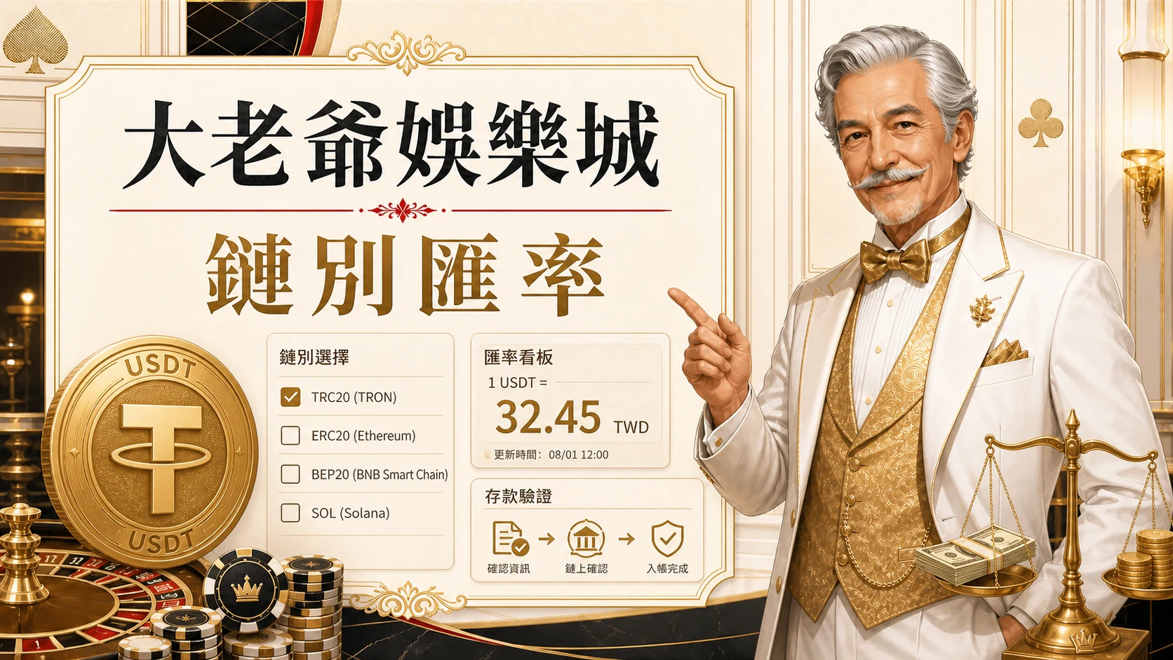 大老爺娛樂城鏈別匯率圖，使用固定老紳士角色與金白紅配色呈現大老爺娛樂城 USDT 儲值優惠重點