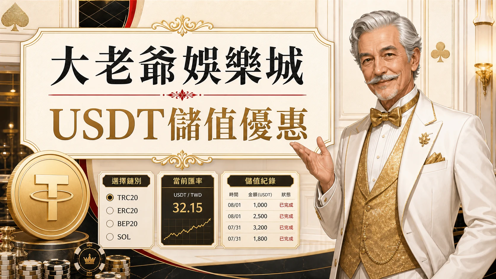大老爺娛樂城USDT儲值優惠圖，使用固定老紳士角色與金白紅配色呈現大老爺娛樂城 USDT 儲值優惠重點