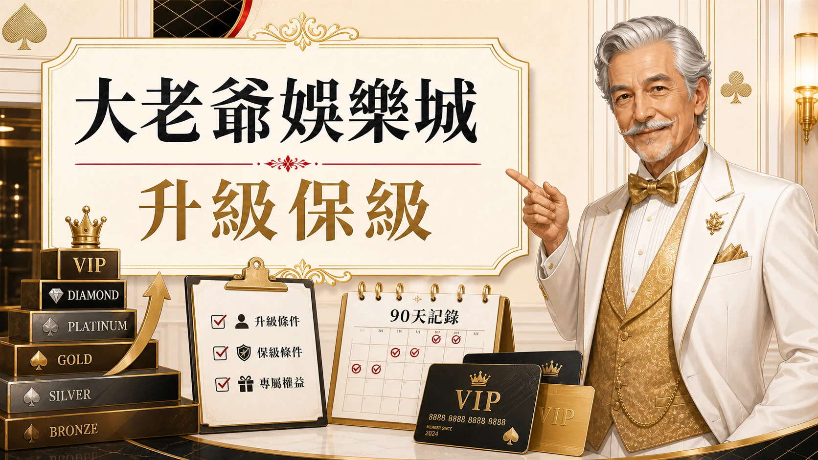 大老爺娛樂城升級保級圖，使用固定老紳士角色與金白紅配色呈現大老爺娛樂城 VIP 等級重點