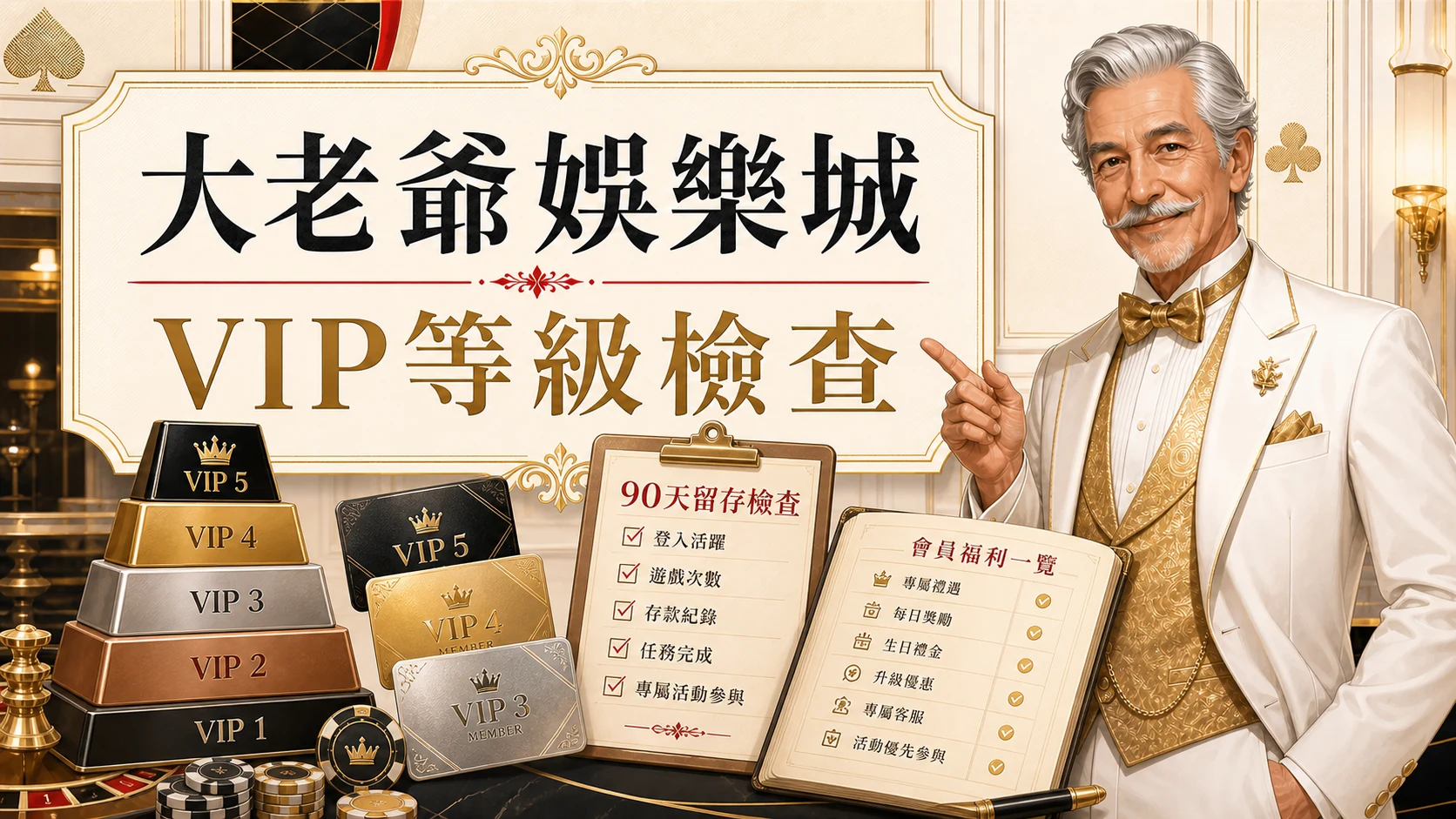 大老爺娛樂城VIP等級檢查圖，使用固定老紳士角色與金白紅配色呈現大老爺娛樂城 VIP 等級重點
