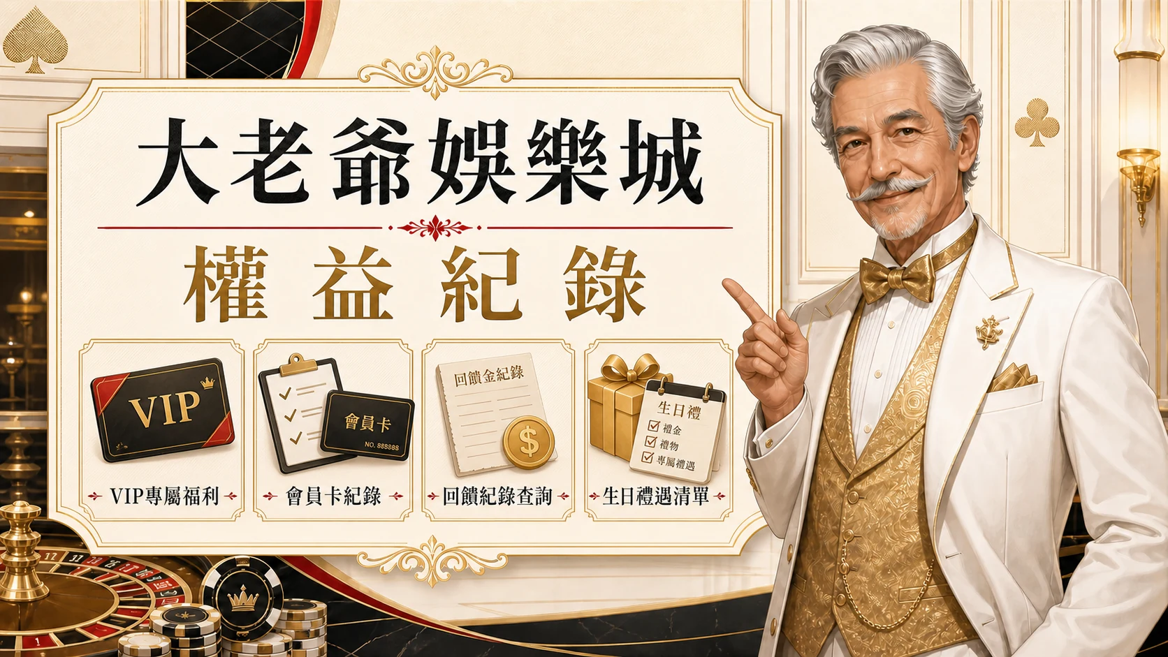 大老爺娛樂城權益紀錄圖，使用固定老紳士角色與金白紅配色呈現大老爺娛樂城 VIP 等級重點