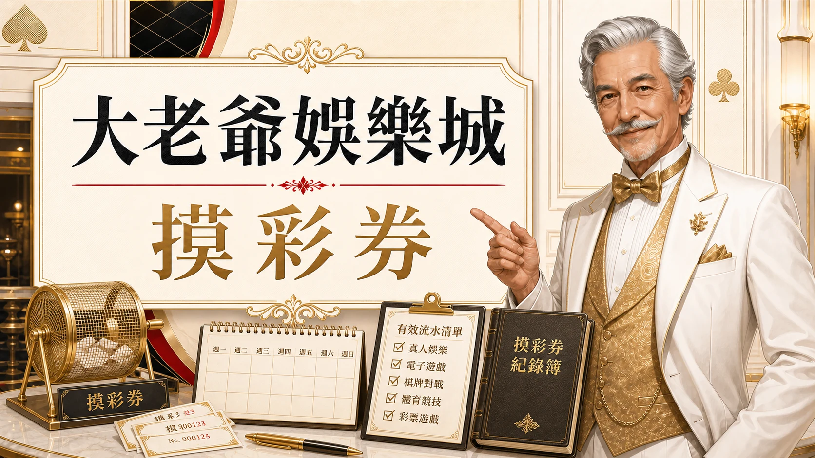 大老爺娛樂城摸彩券圖，使用固定老紳士角色與金白紅配色呈現大老爺娛樂城 百萬大獎週週送重點
