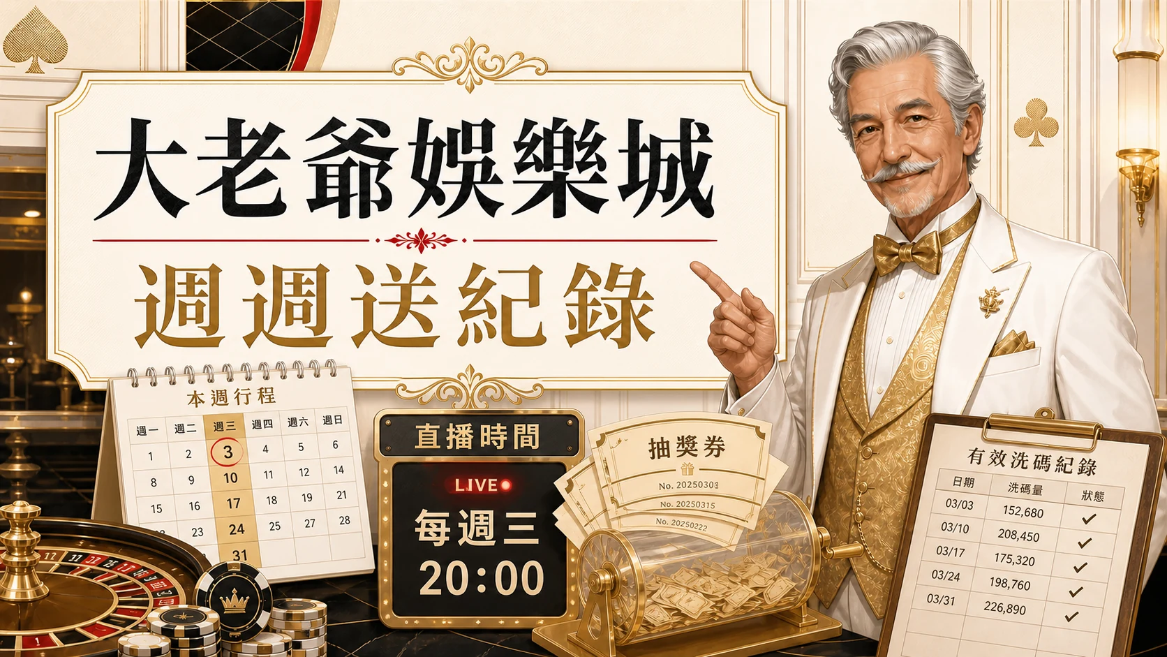 大老爺娛樂城週週送紀錄圖，使用固定老紳士角色與金白紅配色呈現大老爺娛樂城 百萬大獎週週送重點