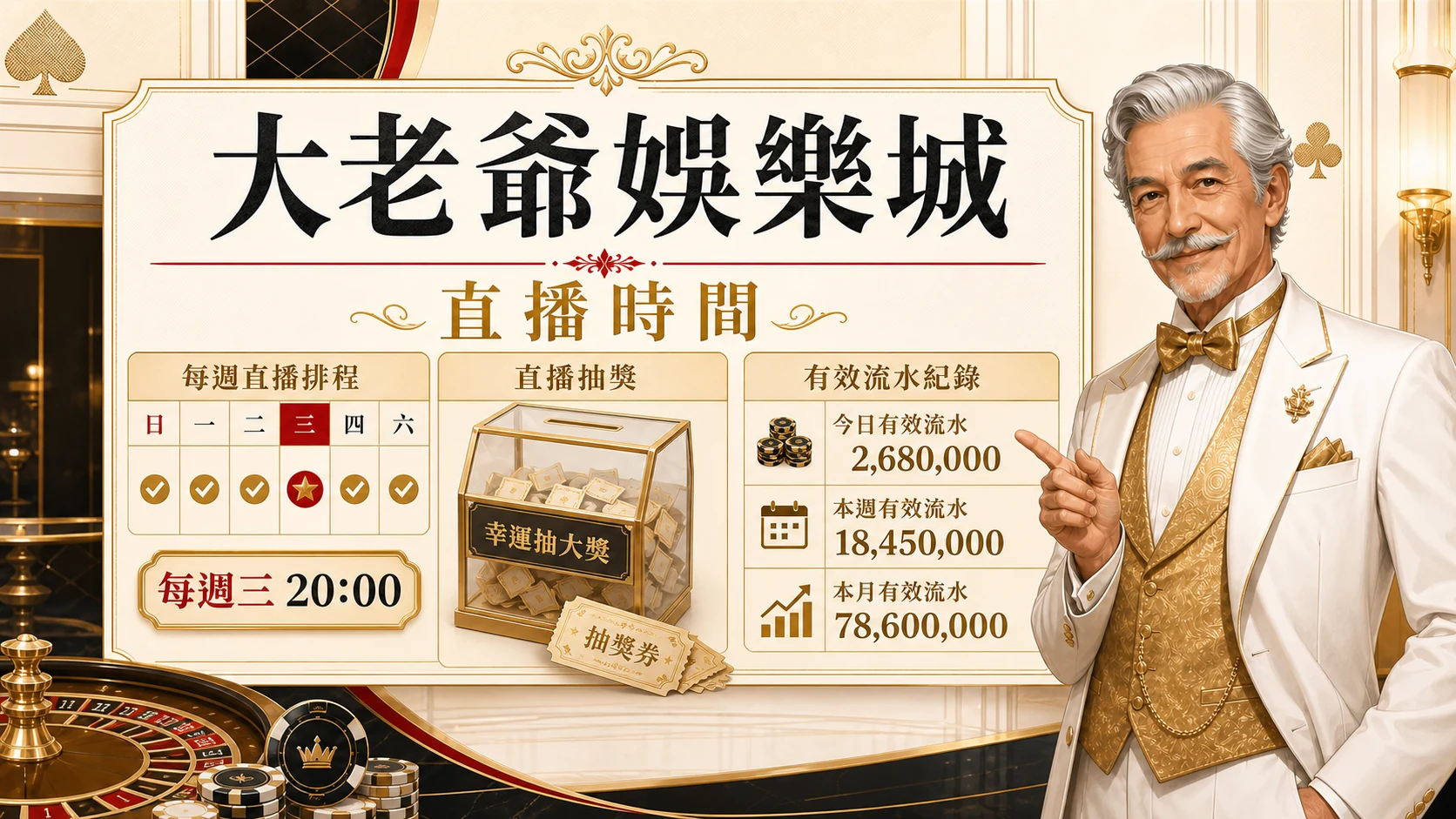 大老爺娛樂城直播時間圖，使用固定老紳士角色與金白紅配色呈現大老爺娛樂城 百萬大獎週週送重點